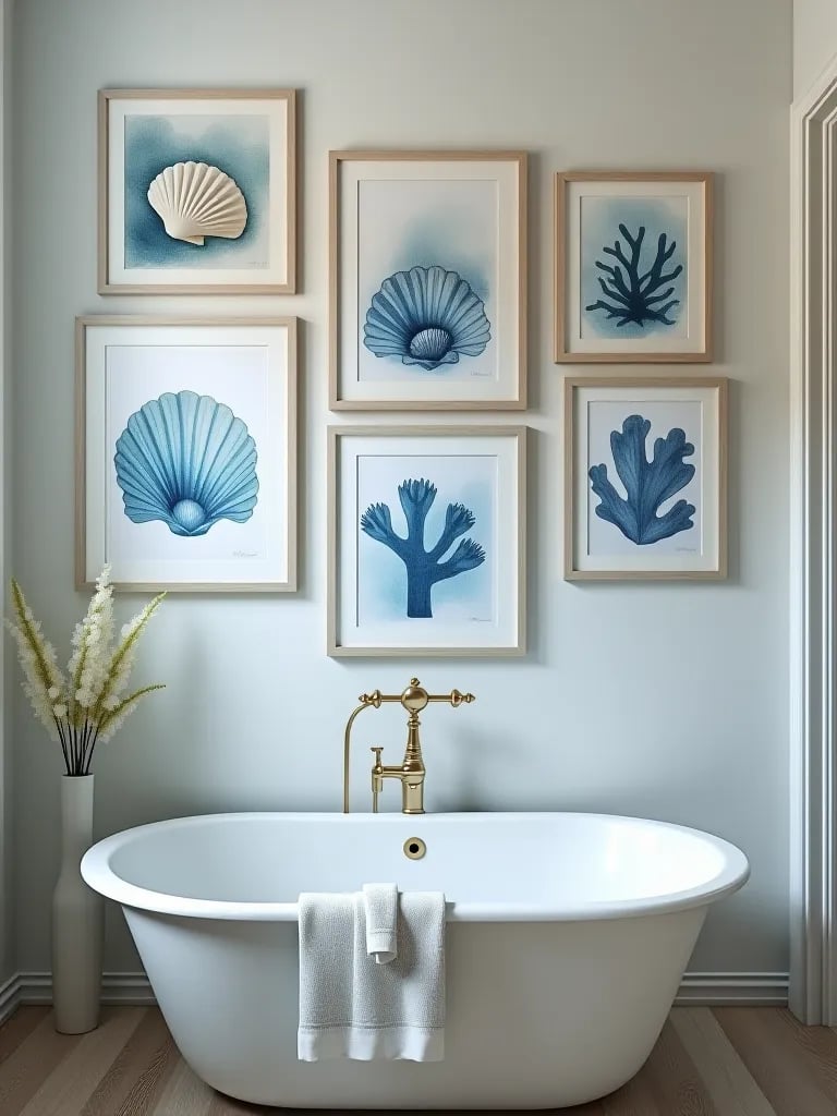 Beach inspired bathroom wall art with oceanic elements