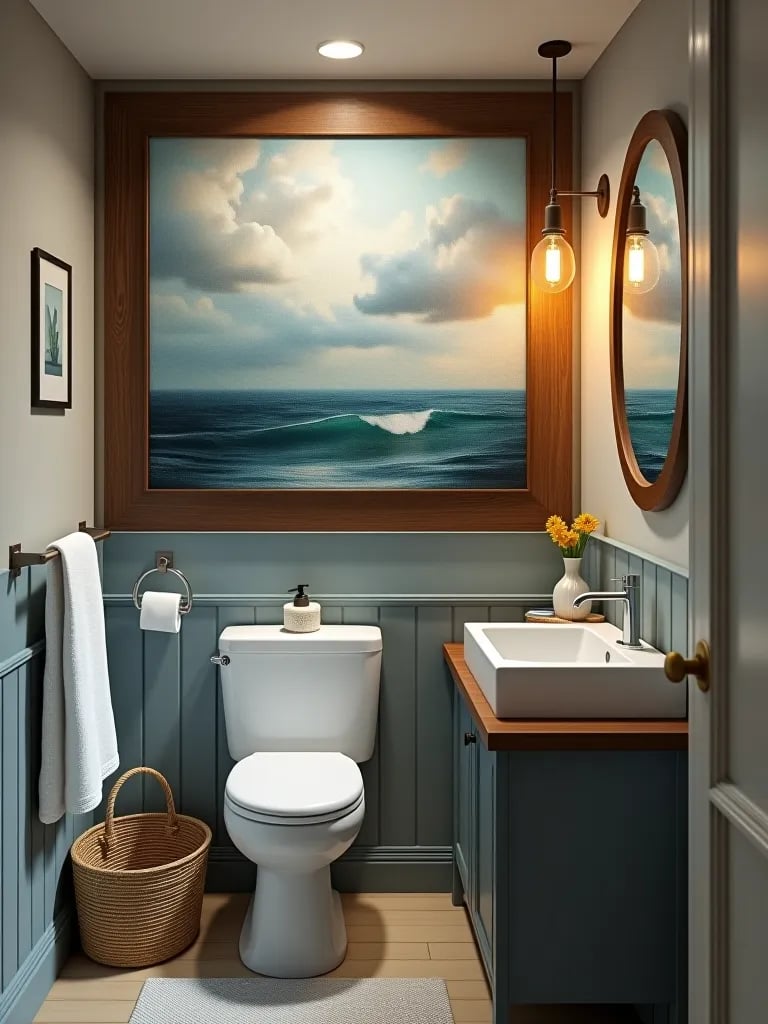 Beach inspired small bathroom with textured wall art