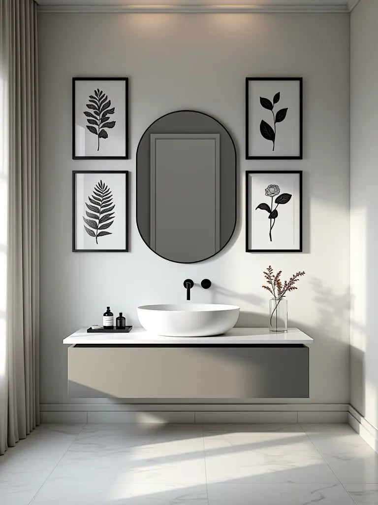 Black and white botanical gallery wall in bathroom