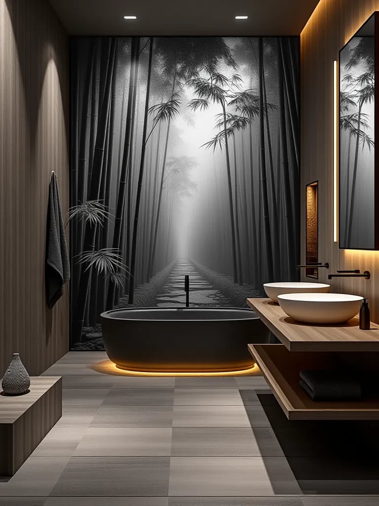 Black and white nature print in zen inspired bathroom