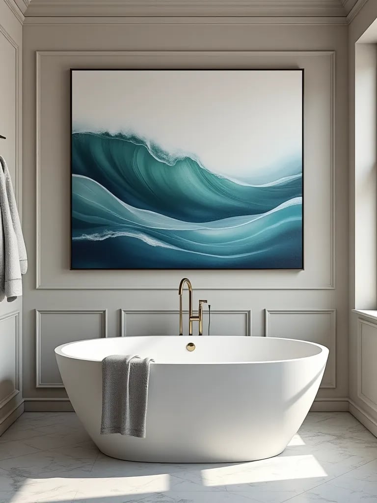 Blue and teal watercolor art in modern bathroom