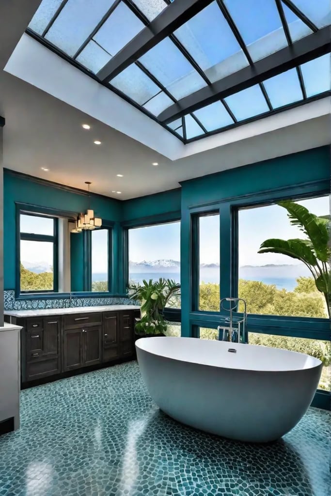 Blue and green bathroom mosaic tiles plants serene oasis