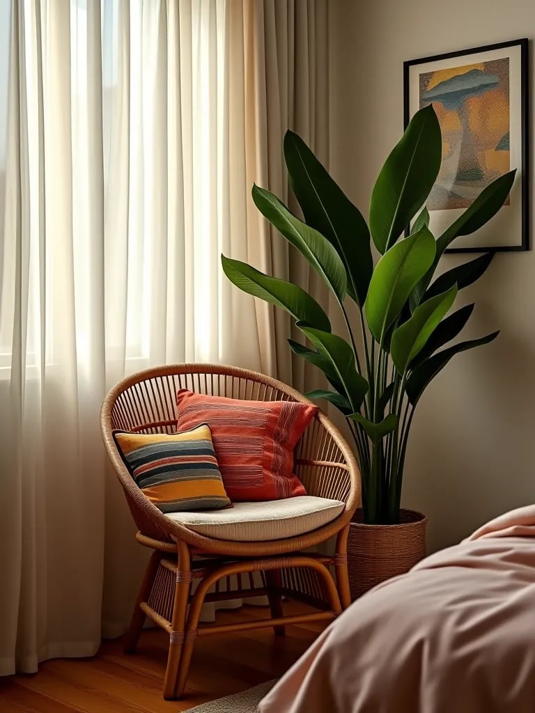 Bohemian bedroom corner with large potted plant
