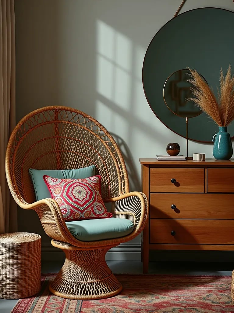 Bohemian bedroom corner with peacock chair and sustainable dresser