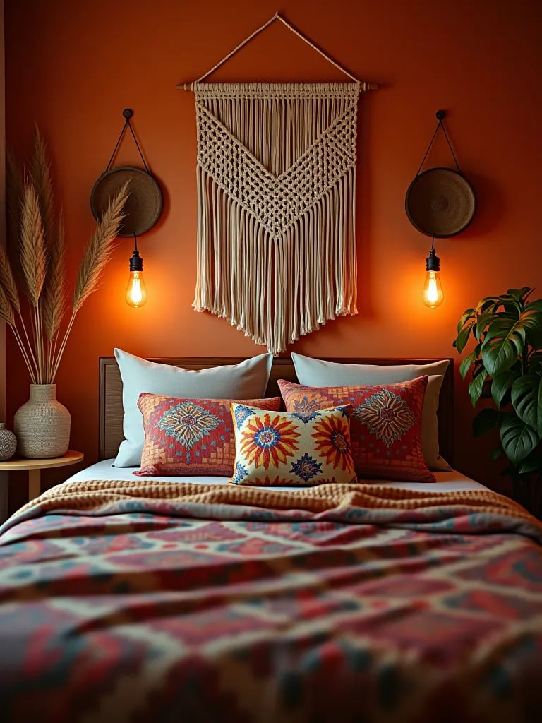 Bohemian bedroom with earthy colors and vivid accents