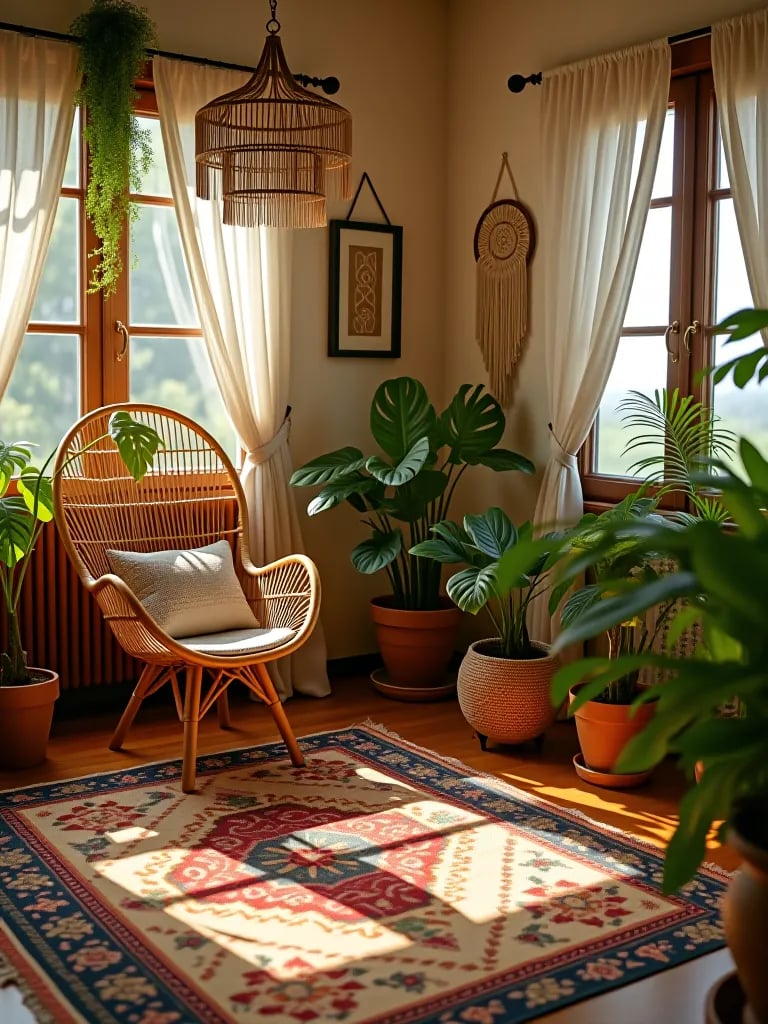 Bohemian chic living room with layered rugs and plants