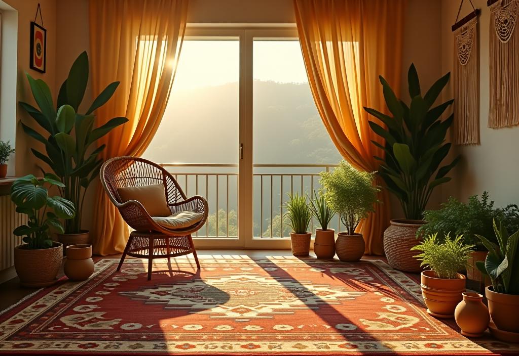 Bohemian inspired living room with peacock chair and hanging plants