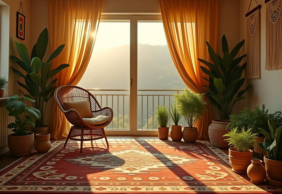 Bohemian inspired living room with peacock chair and hanging plants