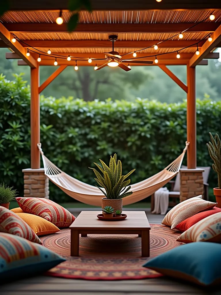 Bohemian patio with macramé hammock and succulents