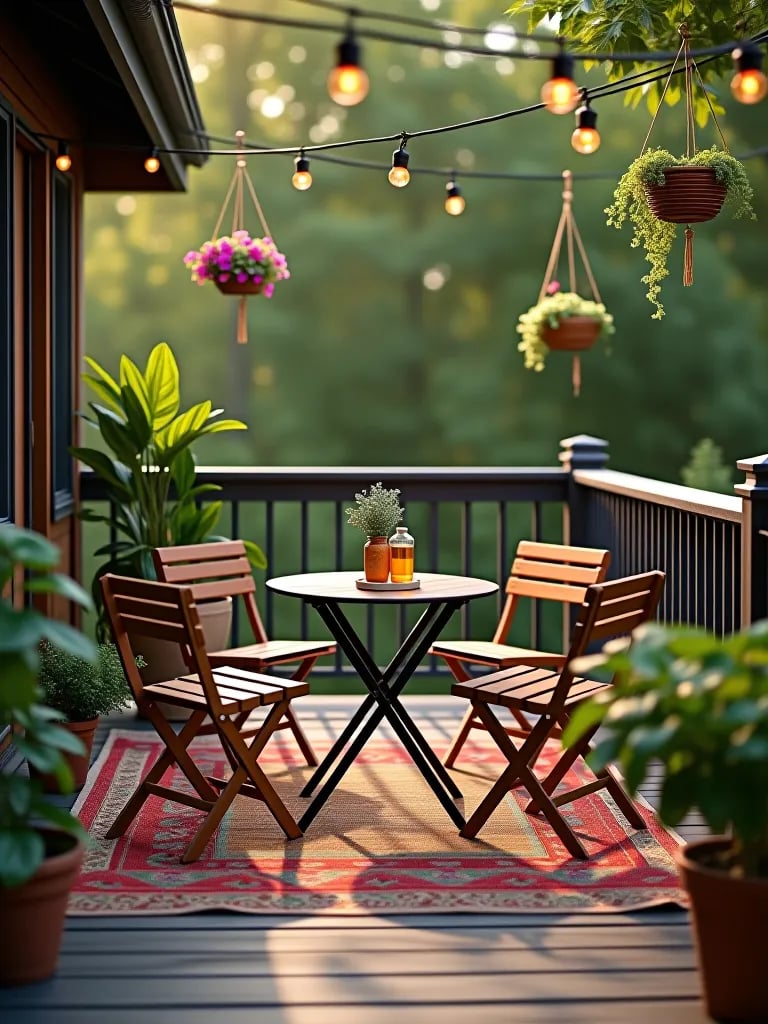 Bohemian small deck with hanging chair and floor cushions