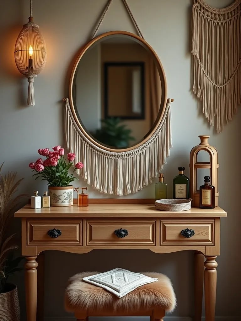 Bohemian vanity with reclaimed wood and vintage accents