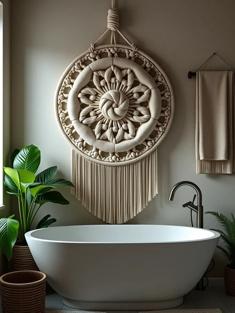 Boho bathroom wall art with macramé and air plants