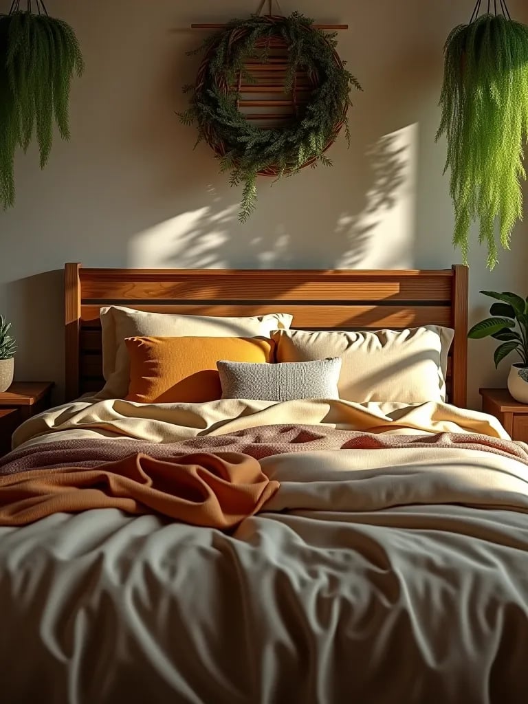 Boho bed with wooden headboard and layered bedding