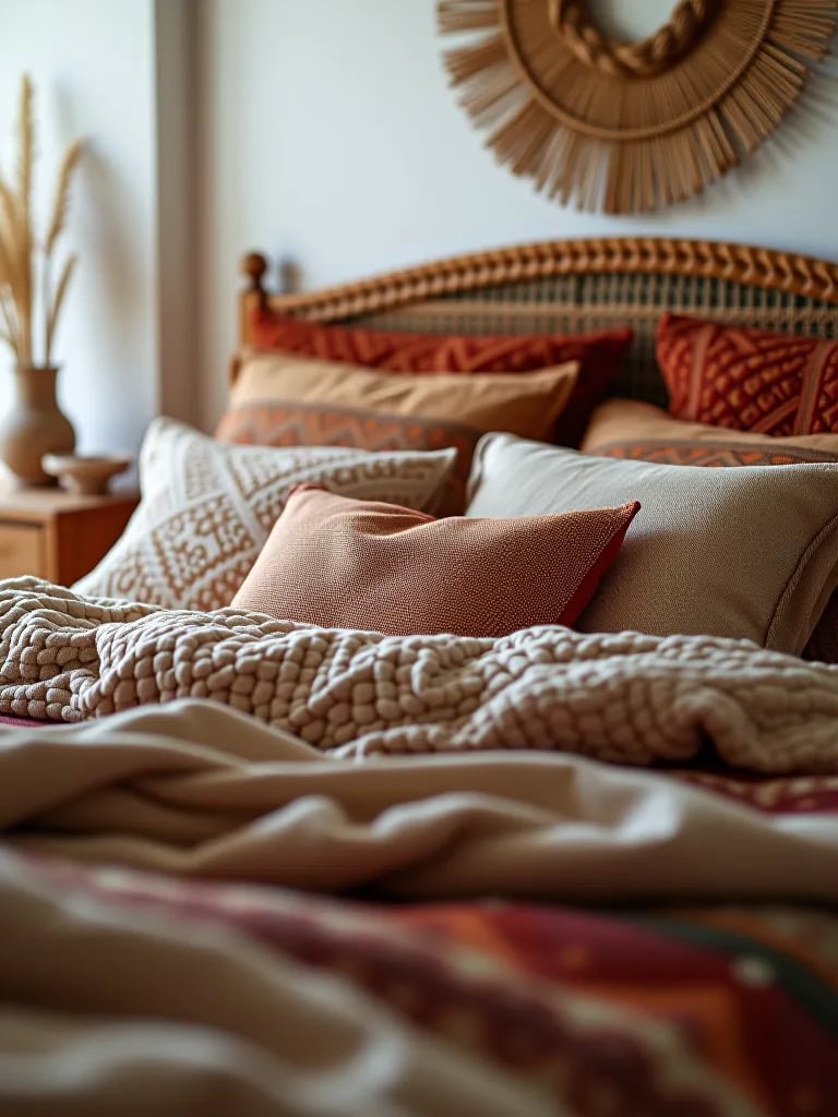 Boho bedding against white bedroom wall