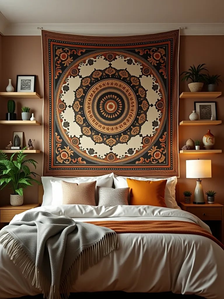 Boho bedroom accent wall with tapestry and shelves