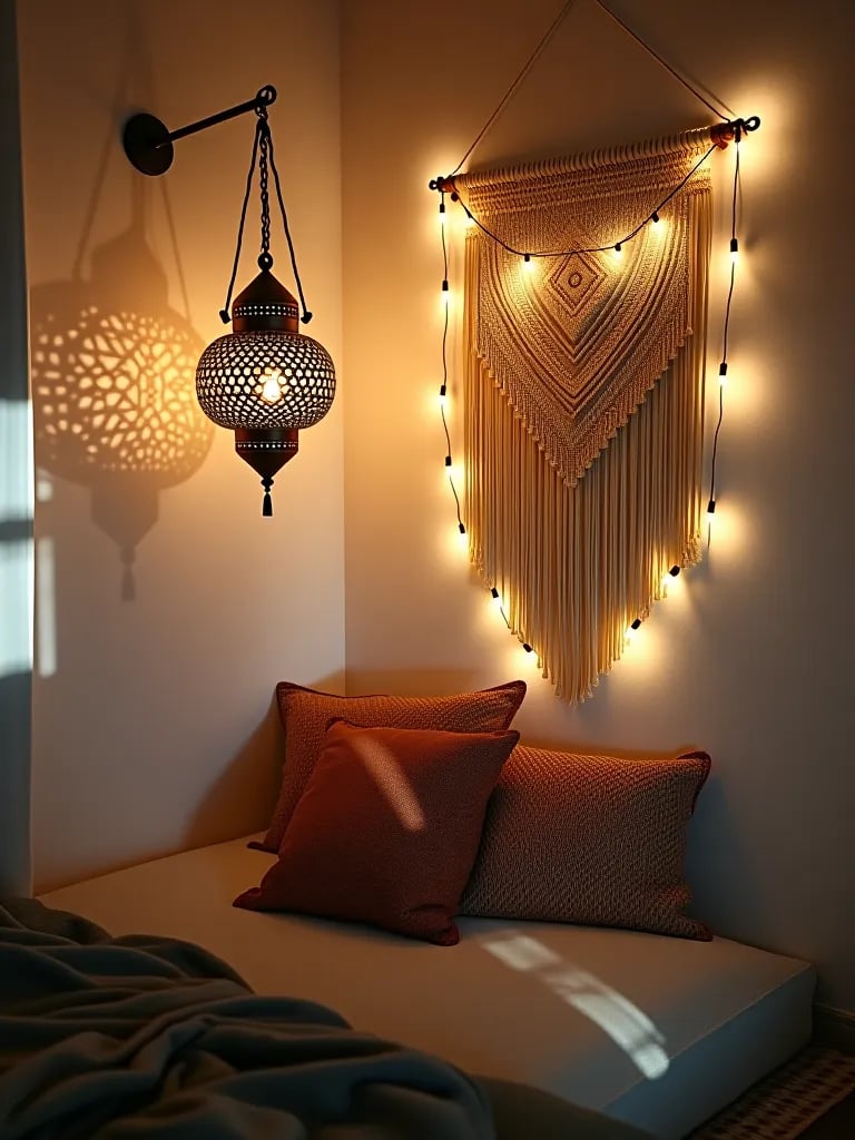 Boho bedroom corner with Moroccan lantern and string lights