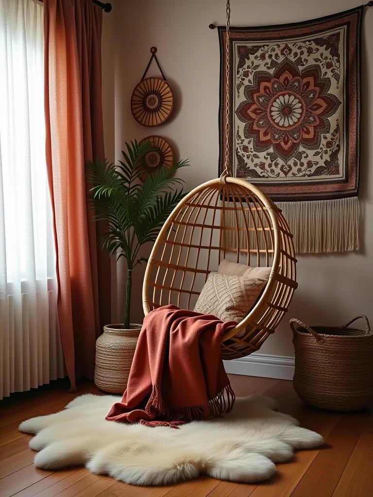 Boho bedroom corner with hanging chair and tapestries