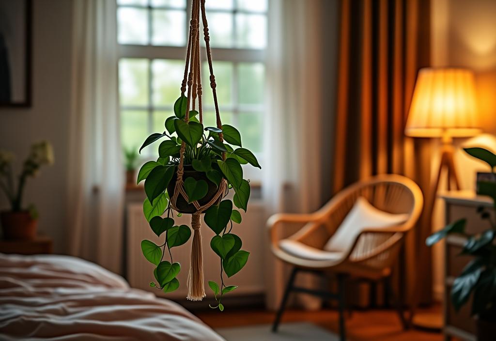 Boho bedroom corner with macrame plant hanger and pothos