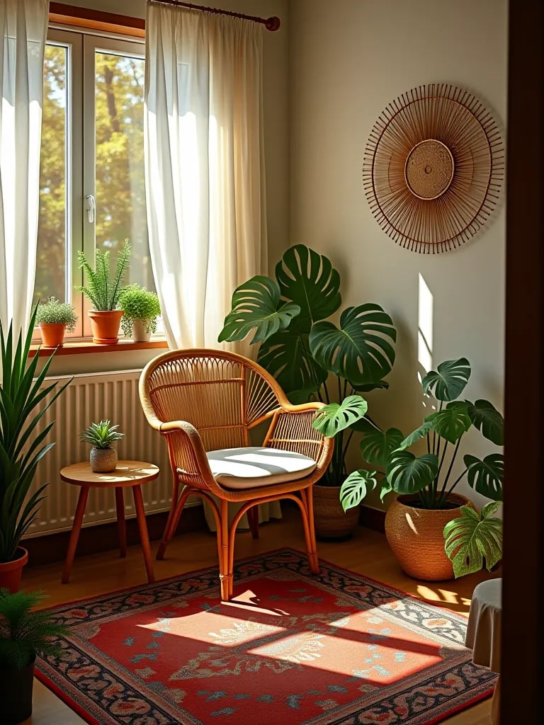 Boho bedroom corner with rattan chair and plants