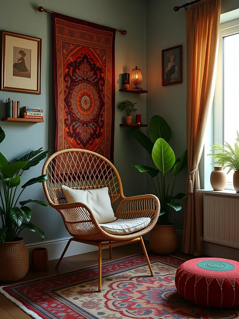 Boho bedroom corner with rattan chair and tapestries
