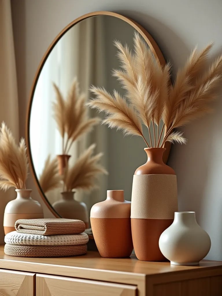 Boho bedroom dresser with mirror and earthy decor