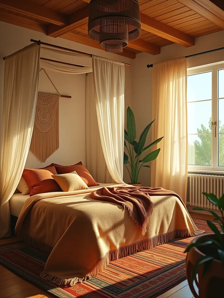 Boho bedroom showcasing mixed patterns and textures