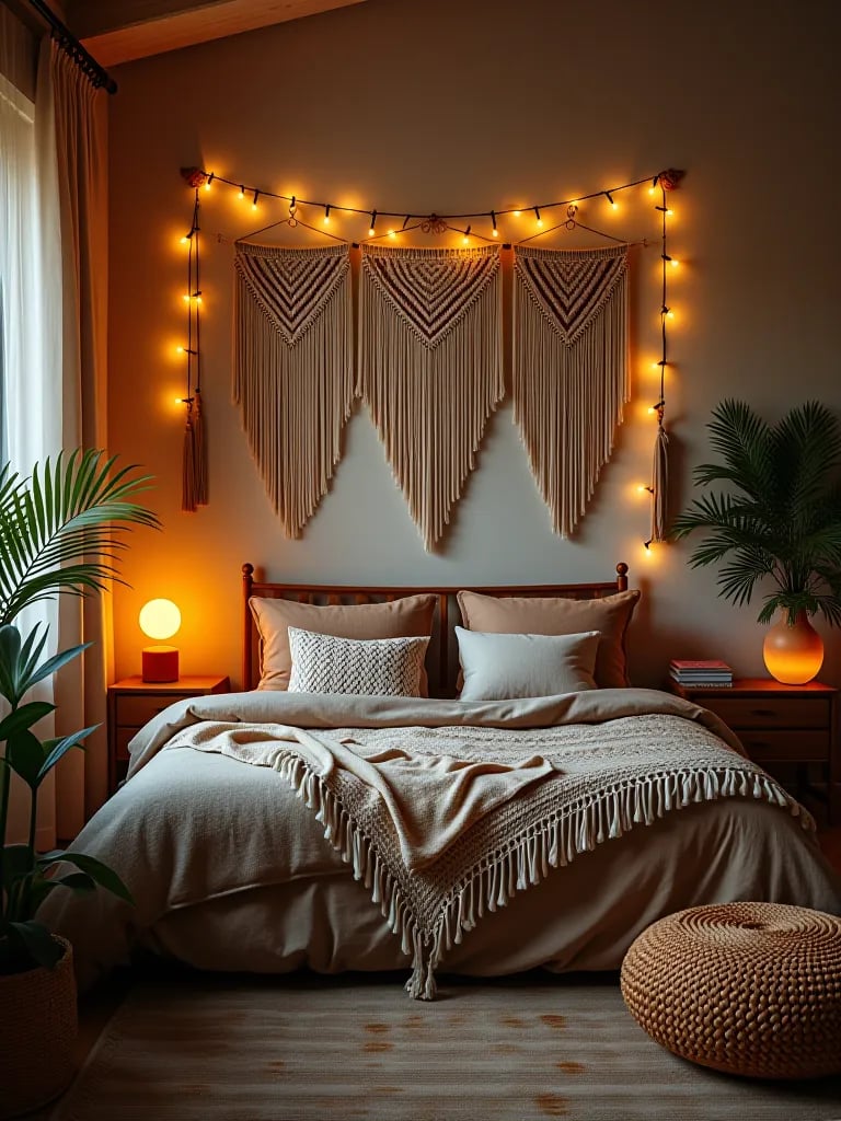 Boho bedroom showcasing mixed patterns and textures