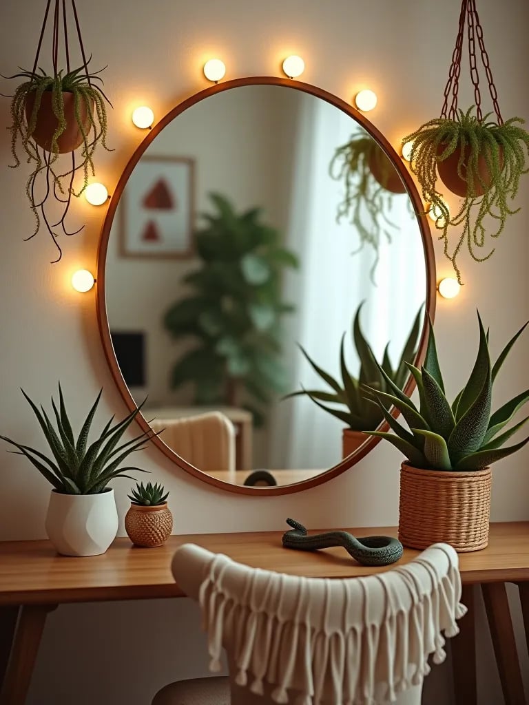 Boho bedroom vanity with mirror and plants