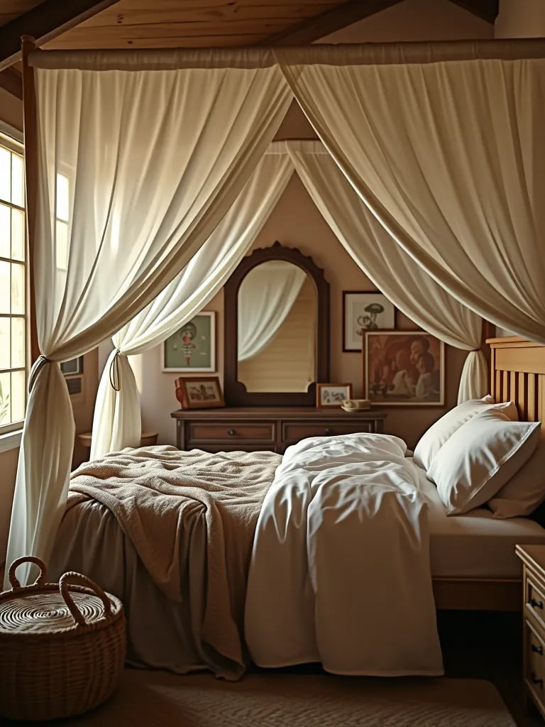 Boho bedroom with canopy bed and eclectic art prints