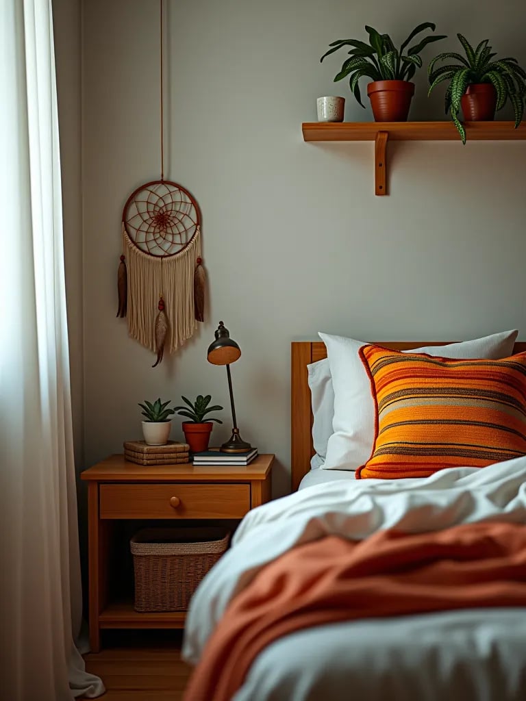 Boho bedroom with floating shelf nightstand and plants