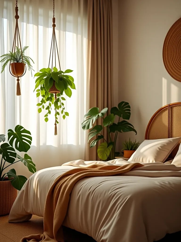 Boho bedroom with hanging plants and large monstera