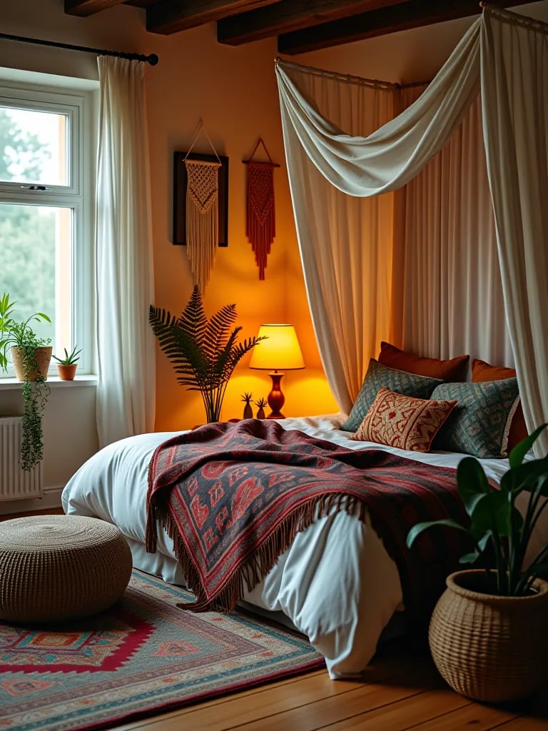 Boho bedroom with layered rugs and textiles