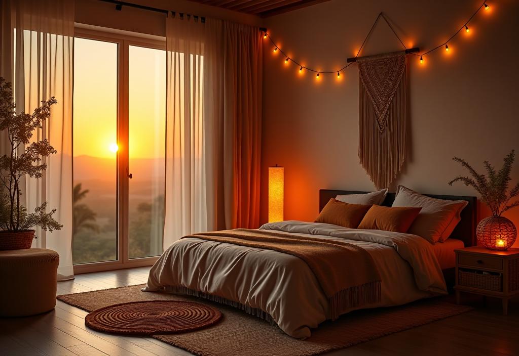 Boho bedroom with macramé, rugs, and string lights