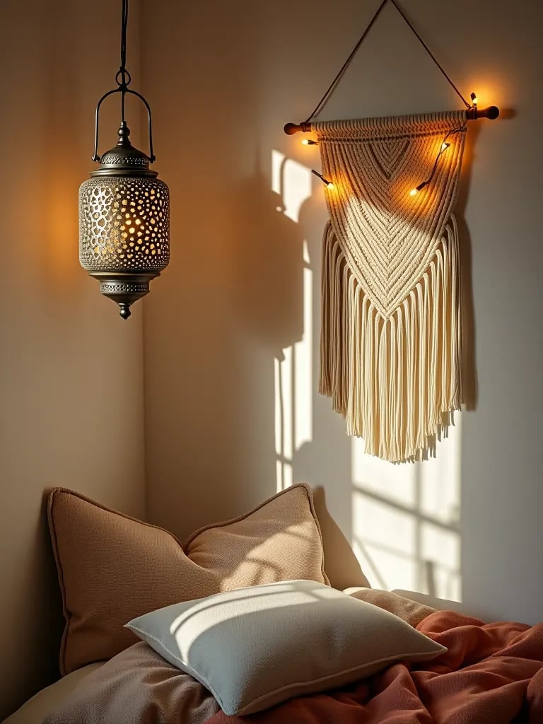 Boho bedroom with mixed Moroccan and fairy light illumination