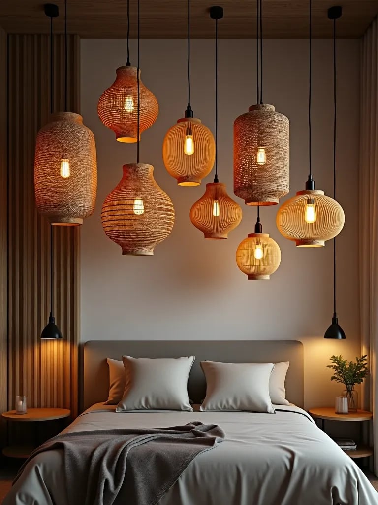 Boho bedroom with mixed pendant lights above bed