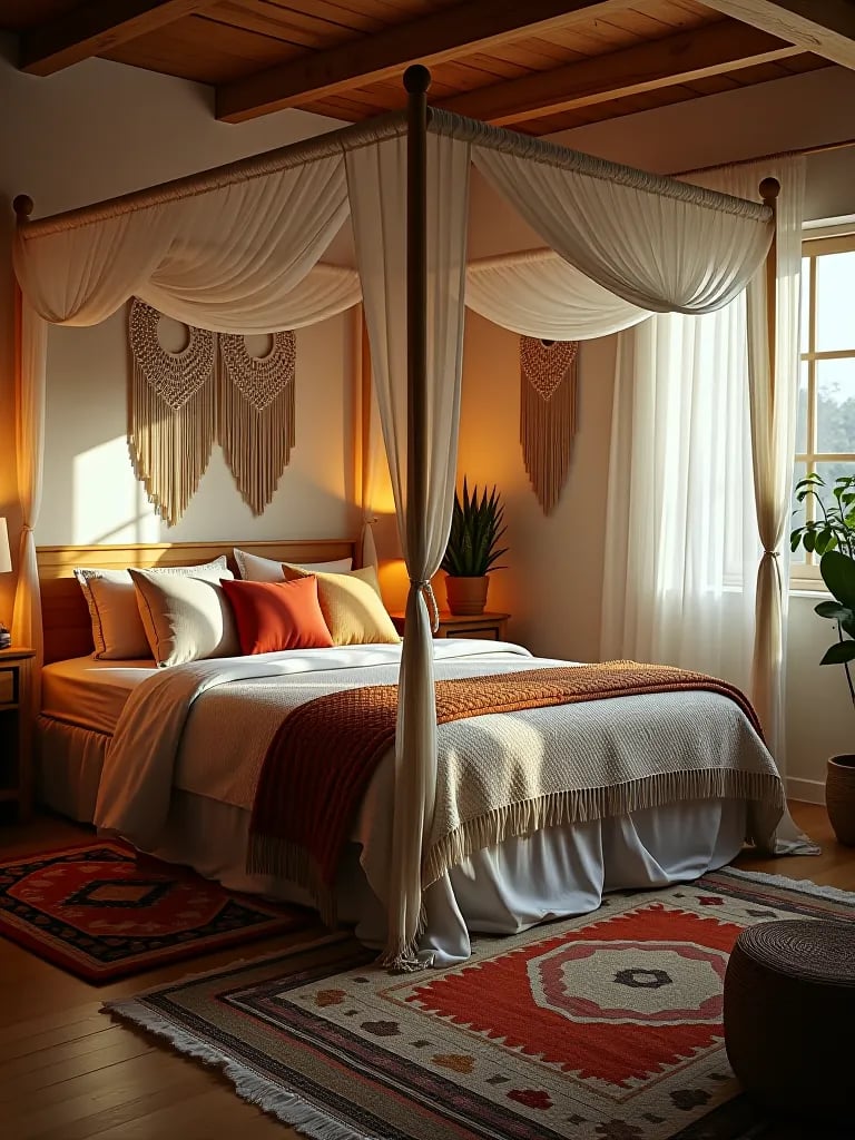 Boho bedroom with plants and natural textures