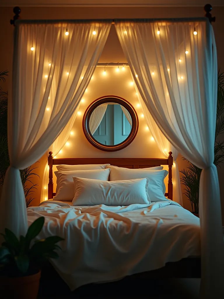 Boho bedroom with plants, fairy lights, and mirror