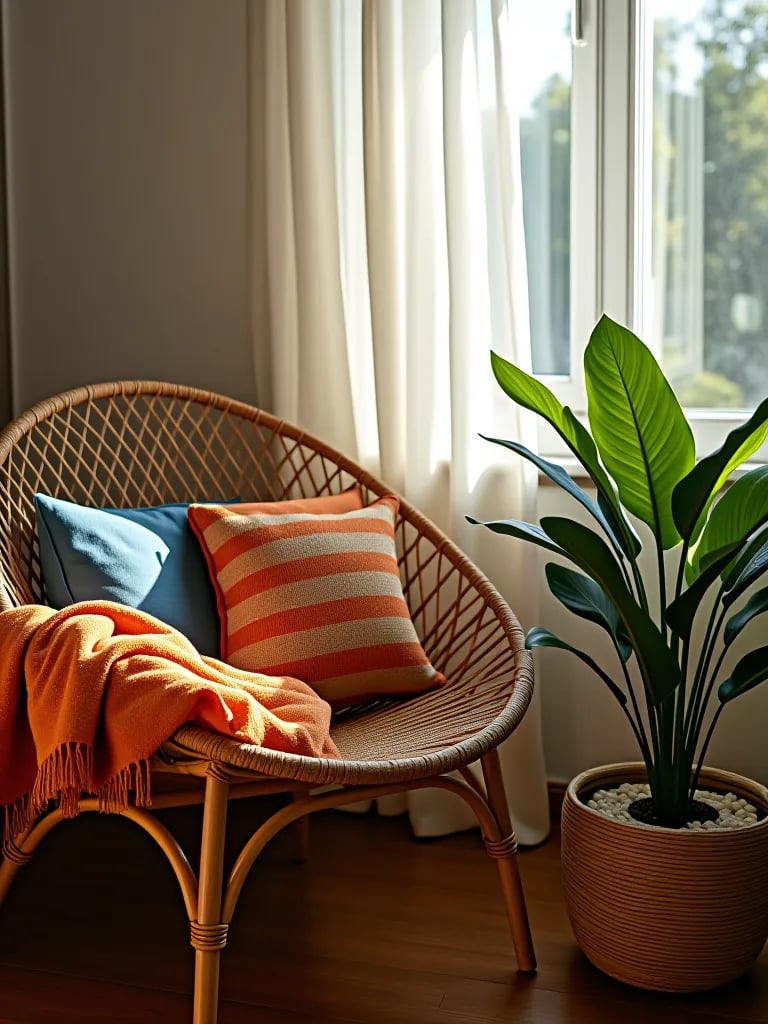 Boho bedroom with sheer curtains and natural light