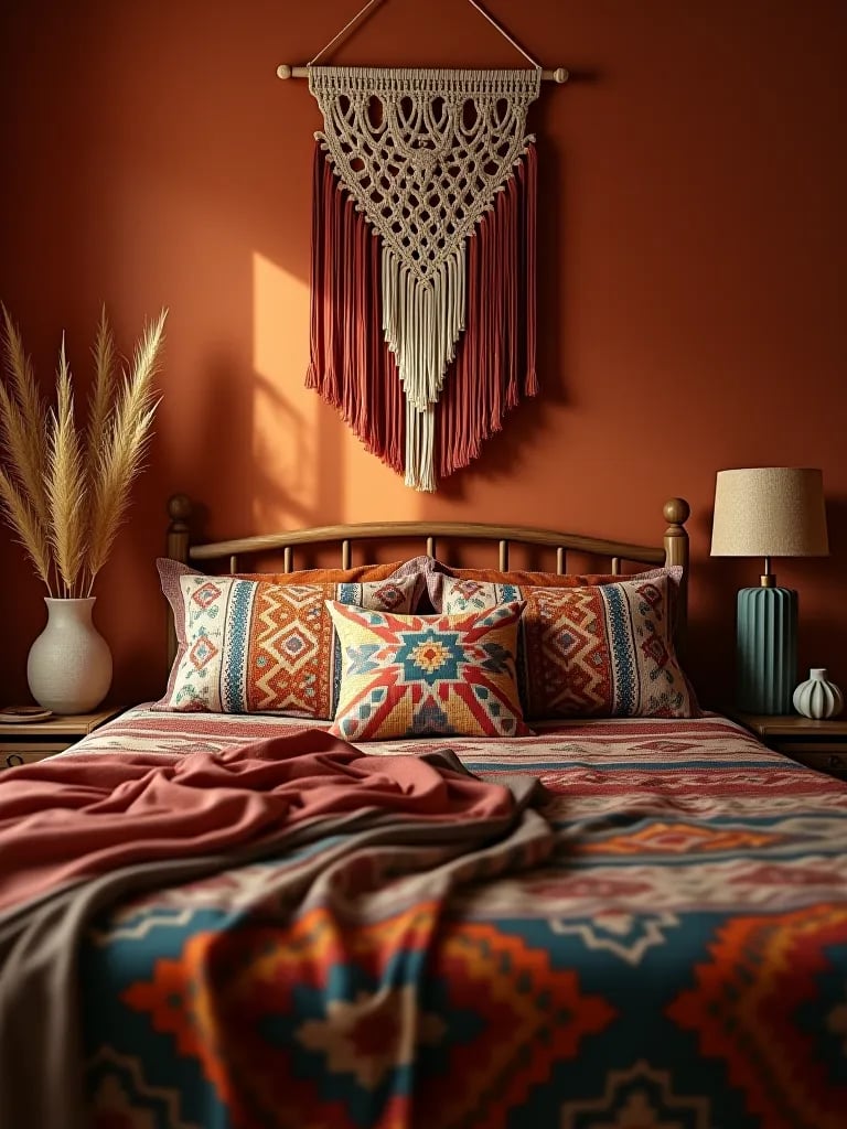 Boho bedroom with terracotta walls and colorful textiles