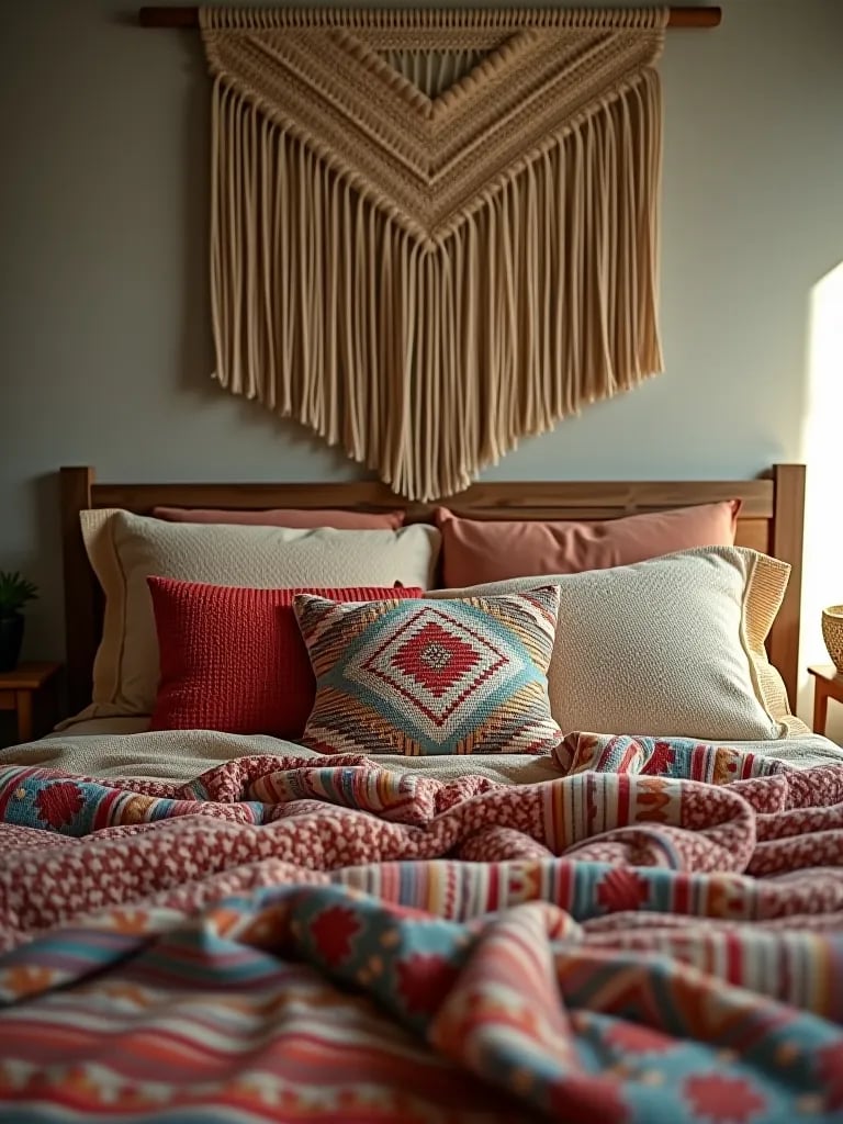 Boho bedroom with woven wall hanging above bed