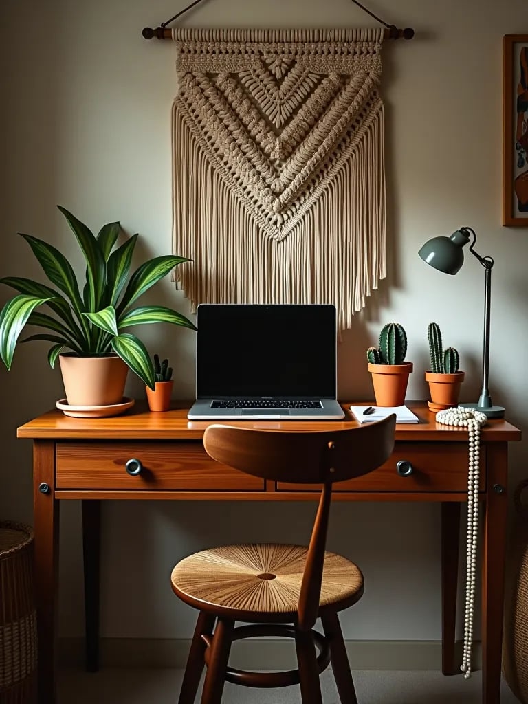 Boho bedroom workspace with diverse plants