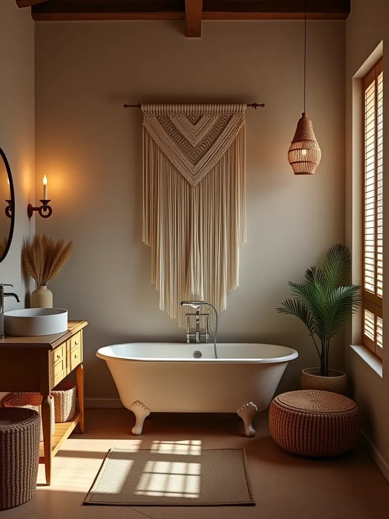 Boho chic bathroom with clawfoot tub and macramé
