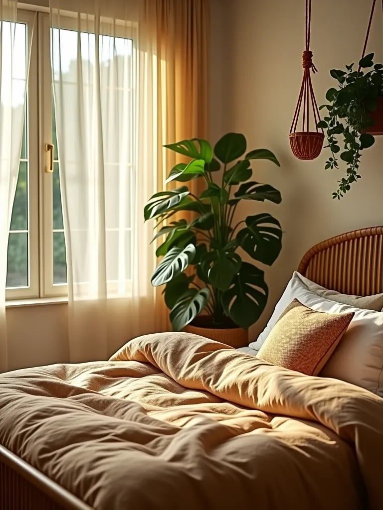 Boho chic bedroom with macrame plant hangers