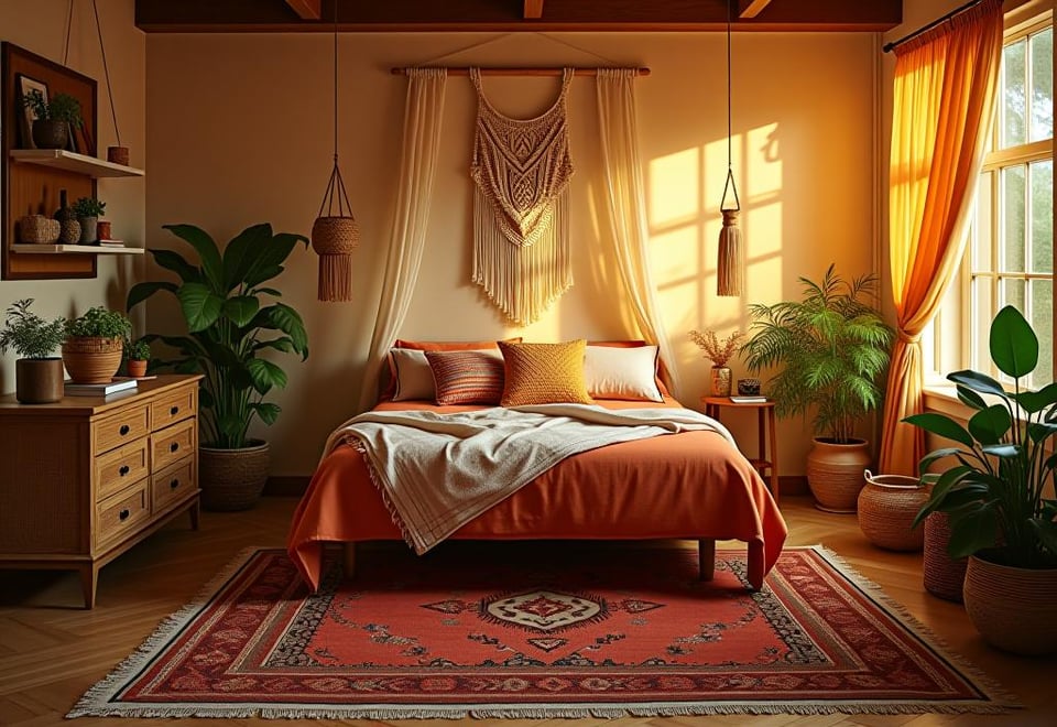 Boho chic bedroom with macramé, rugs, and canopy bed