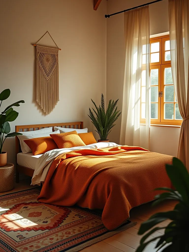 Boho chic bedroom with macramé, rugs, and canopy bed