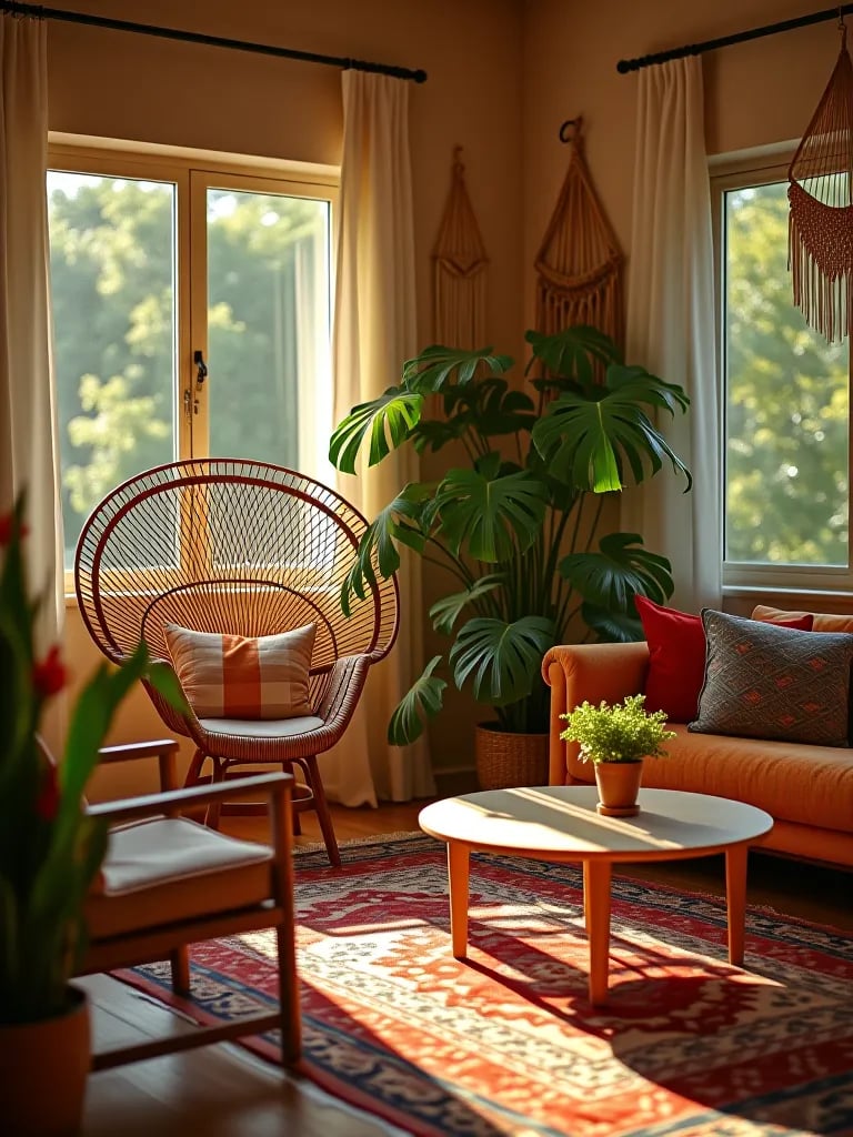 Boho chic living room with macramé and Persian rugs