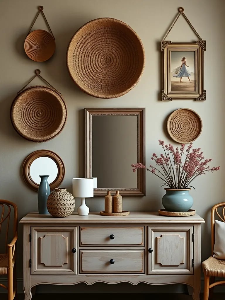 Boho gallery wall with baskets, mirrors, and artwork