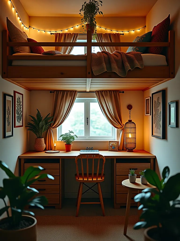 Boho loft bed with hanging plants and string lights
