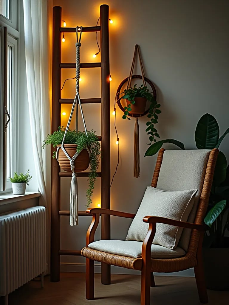 Boho reading nook with ladder plant display and lights