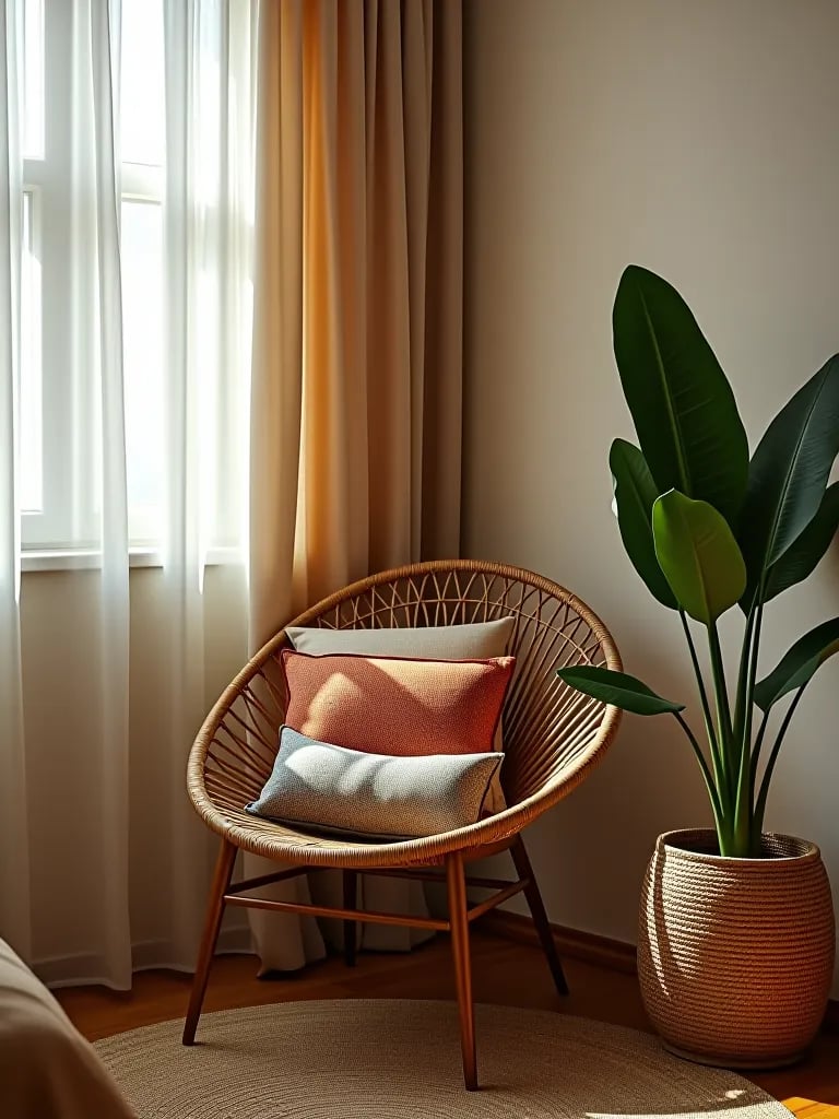Boho reading nook with rattan chair and plants